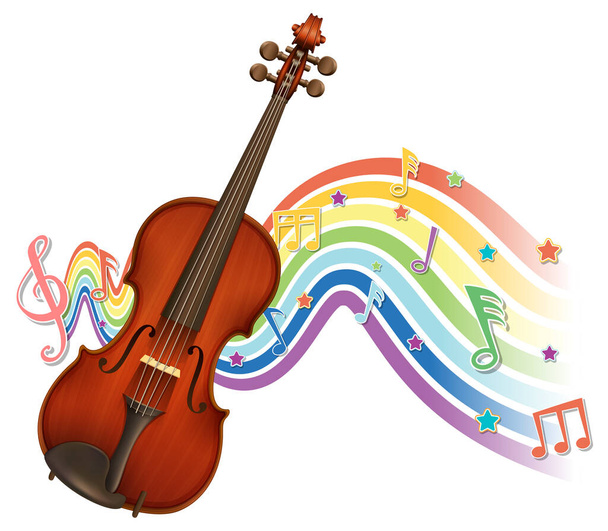 Geige mit Melodiesymbolen auf Regenbogenwellen-Illustration - Vektor, Bild