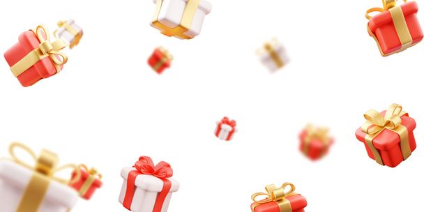 3D-Illustration des Regens vieler Geschenke aus Weiß- und Rotgold mit weißem Hintergrund. - Foto, Bild