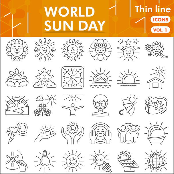 World sun day line icon set, summer symbols collection or sketches. Solar energy thin line linear style signs for web and app. Vector graphics isolated on white background. - Vector, Image