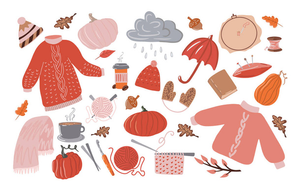 Big set of Autumn Hygge. A collection of cute illustrations, cozy rainy day, raindrops falling from a cloudy sky, set of rainy autumn. World Knitting Day in public. Flat illustration from a cartoon - Vetor, Imagem