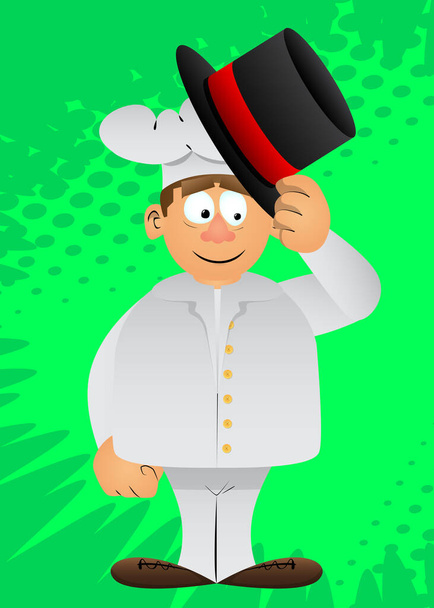 Товстий чоловічий мультиплікаційний шеф-кухар у формі перекидання капелюха. Векторні ілюстрації
. - Вектор, зображення