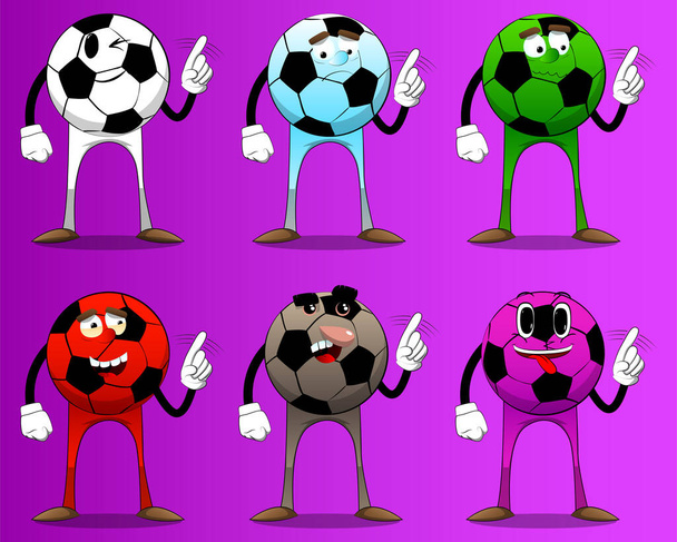 Футбольний м'яч каже "ні" пальцем. Традиційний футбольний м'яч як мультиплікаційний персонаж з обличчям
. - Вектор, зображення