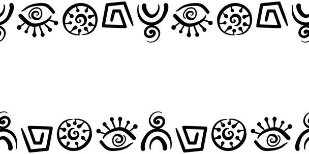 Векторные каракули древних этнических традиционных символов. Абстрактные знаки и элементы, древнее письмо. Бесшовная граница. Ритуальная печать экрана. Черное и белое - Вектор,изображение