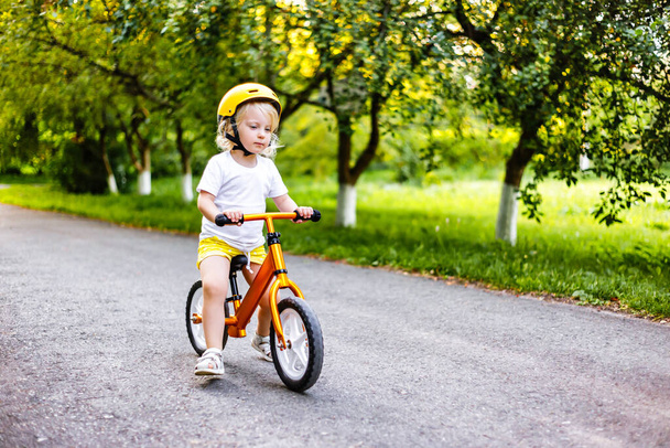 Little cute adorable caucasian toddler girl having fun riding exercise balance run bike push scooter in park forest.  - Foto, imagen