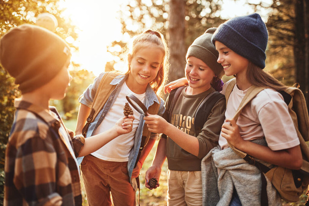 Ομάδα περίεργων παιδιών χαρούμενων σχολείων με casual ρούχα με σακίδια που εξερευνούν τη φύση και το δάσος μαζί την ηλιόλουστη φθινοπωρινή μέρα, κορίτσι που κρατάει μεγεθυντικό φακό και κοιτάζει το κουκουνάρι στα χέρια ενός αγοριού  - Φωτογραφία, εικόνα