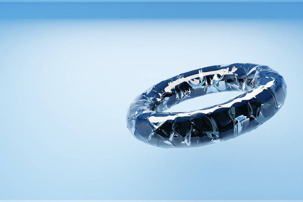 3D illustratie van transparante glazen ring op een blauwe achtergrond. Geometrische vormen in de vorm van een ring in het symbool van oneindigheid.  - Foto, afbeelding