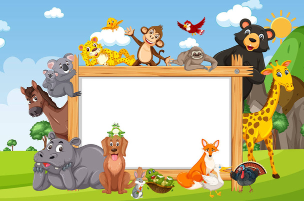 Κενό ξύλινο πλαίσιο με διάφορα άγρια ζώα στην απεικόνιση του δάσους - Διάνυσμα, εικόνα
