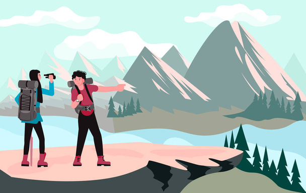 Pair of Backpackers, hikers, travellers or explorers standing and looking at nature - Vector, Image