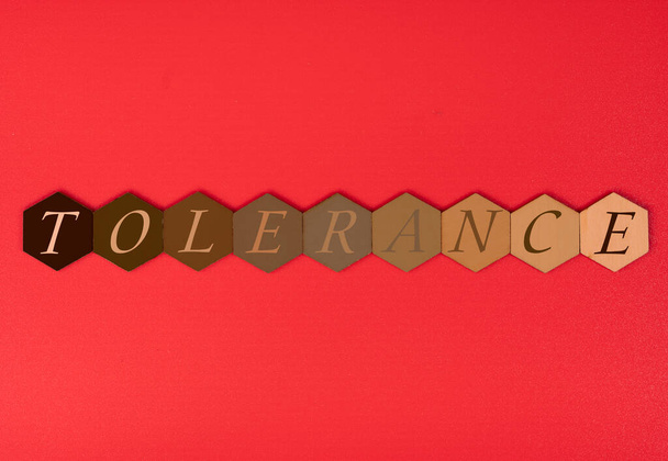 Šestiúhelníkové dlaždice v odstínech pleti barevný gradient s textem Tolerance. Sociální a podnikatelský koncept - Fotografie, Obrázek