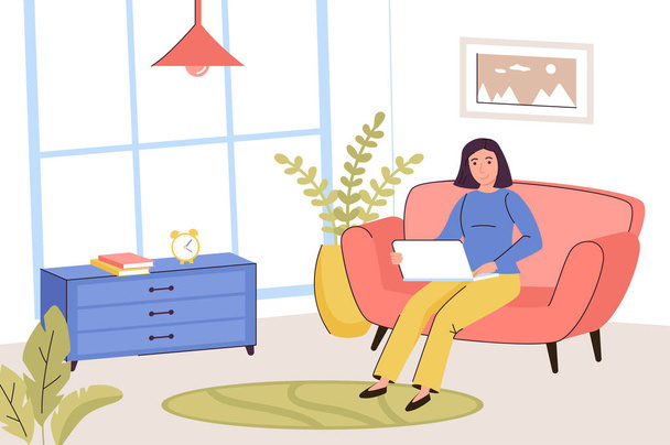 Trabajo independiente en el concepto de oficina en casa. Mujer trabaja en línea en el ordenador portátil sentado en el sillón en la sala de estar. Trabajo remoto en proyecto en un ambiente confortable. Ilustración vectorial en diseño plano de moda - Vector, Imagen