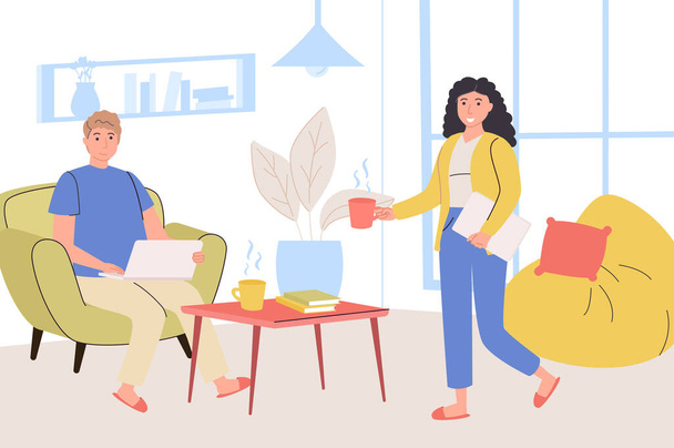 People working at home office concept. Woman and man works online on laptop sitting on armchairs in living room. Freelancers job in comfortable environment. Vector illustration in trendy flat design - Wektor, obraz