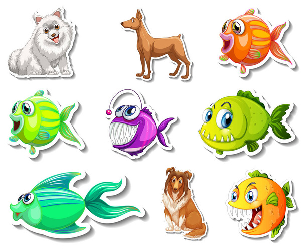 Jeu d'autocollants avec animaux marins et chiens illustration de personnage de dessin animé - Vecteur, image