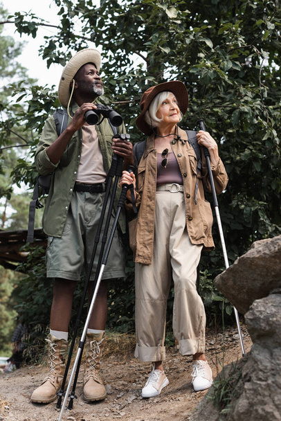 Anziani escursionisti multietnici con bastoni da trekking e zaini in piedi nella foresta  - Foto, immagini