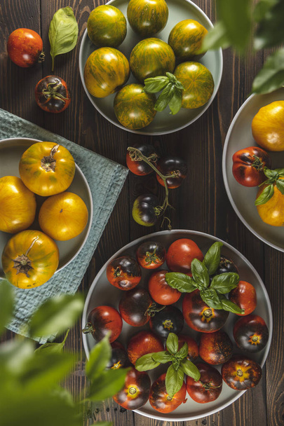 Raaka tuore värikäs tomaatit harmaa keraamiset levyt tumma puinen tausta. Käsite kasvihuone elämäntapa ja tuotteet omavaraisviljelystä, tasainen lay, ylhäältä. - Valokuva, kuva