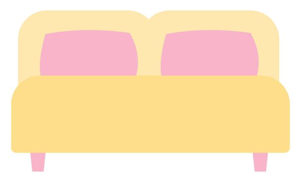 Желтая двуспальная кровать, иллюстрация, на белом фоне. - Вектор,изображение