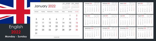 Calendar and planner for 2022 year. Week starts on Monday. 12 boards, months set. Simple wall layout. Clear template. English language. Copy space. Yearly layout. Monthly format A4. Ready for print. - Vector, Image