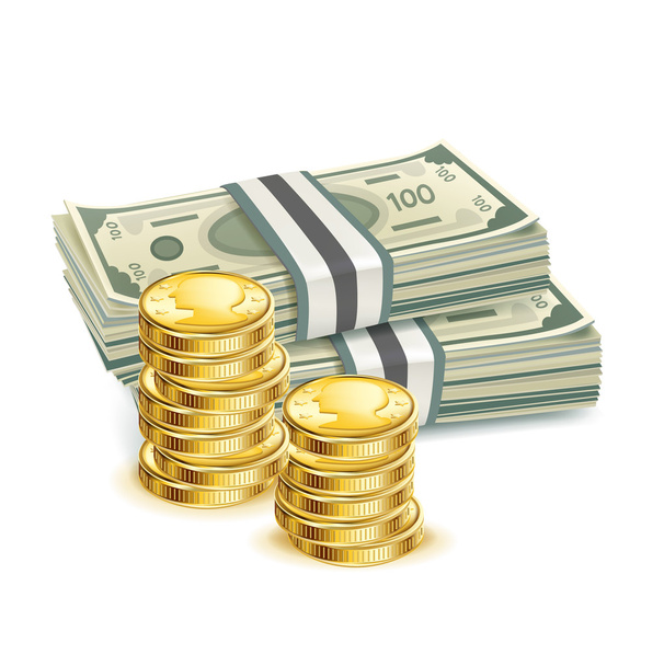 money bills and stack of coins - Vector, Image
