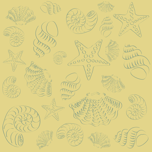 Pattern with hand drawing sea creatures shells and starfish in outline style - Vector, afbeelding