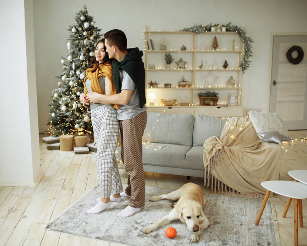 happy couple is sitting on sofa with dog, christmas. new year at home. family and date - Fotografie, Obrázek