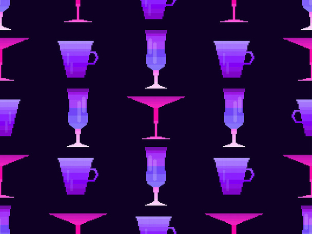 Cocktail glass seamless pattern. Martini glass pixel art. 8 bit graphic in the style of video games from the 90s. Design for printing, wrapping and advertising. Vector illustration - Vector, Image