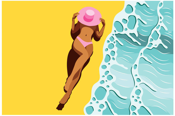 Wektor jasny słoneczny ilustracja pięknej młodej opalonej dziewczyny w różowym stroju kąpielowym opala się na plaży w pobliżu morza lub oceanu. Fale fal morskich. Cienie palm na piasku. Widok z góry - Wektor, obraz
