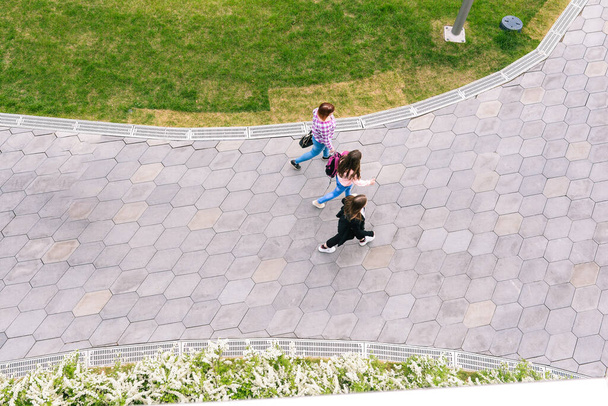 group of people are walking down the street. Sidewalk path in a park with a lawn. Female students go to school or work. View from above. - Foto, imagen