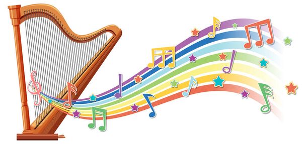 Harp with melody symbols on rainbow wave illustration - Vector, Image