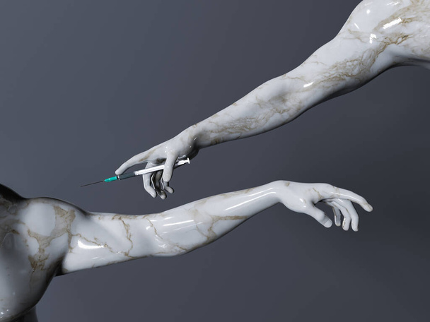 мраморная скульптура создания Адама, дающего вакцинацию. концепция вакцинации, иммунитета и ковида-19. 3d-рендеринг - Фото, изображение