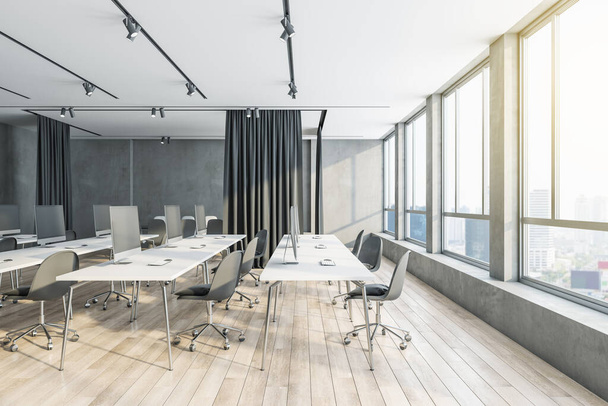 Contemporary coworking office interior with wooden flooring, city view, furniture and daylight. 3D Rendering - Foto, afbeelding