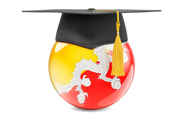 ブータンの概念における教育。卒業キャップ、白い背景に隔離された3Dレンダリングとブータンの旗 - 写真・画像
