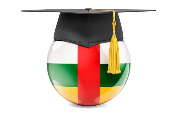 Bildung in der Zentralafrikanischen Republik. Zentralafrikanische Flagge mit Graduierungskappe, 3D-Darstellung isoliert auf weißem Hintergrund - Foto, Bild