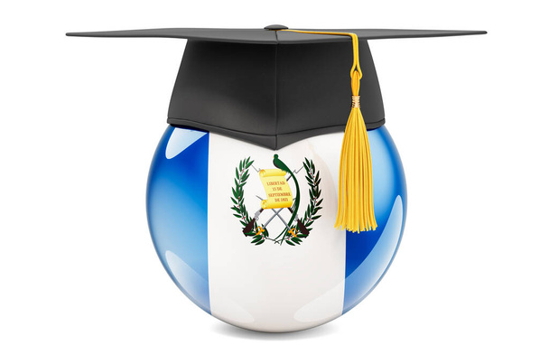 Bildung in Guatemala. Guatemaltekische Flagge mit Graduierungskappe, 3D-Darstellung isoliert auf weißem Hintergrund - Foto, Bild
