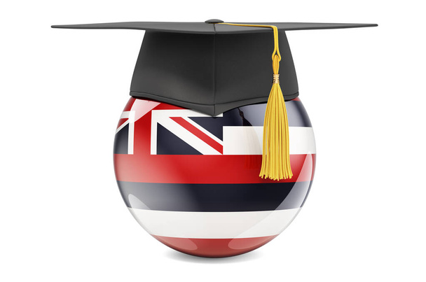 ハワイの教育概念。卒業キャップ、白い背景に隔離された3Dレンダリングとハワイの旗 - 写真・画像