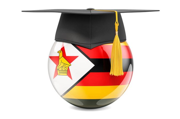 Bildung in Simbabwe. Simbabwische Flagge mit Graduierungskappe, 3D-Darstellung isoliert auf weißem Hintergrund - Foto, Bild