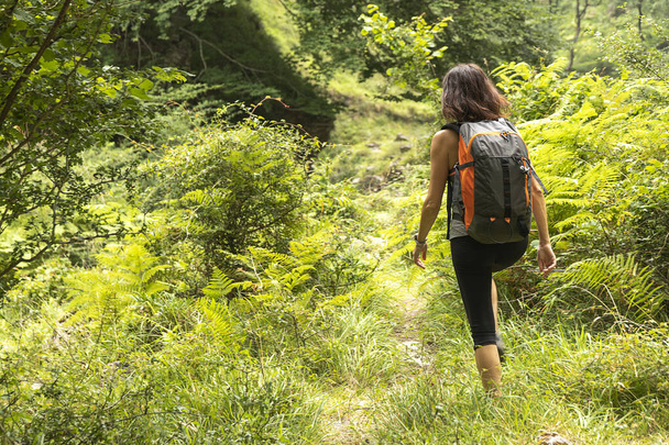 mujer caminando por el arbusto con polainas negras y una mochila en la espalda - Foto, imagen