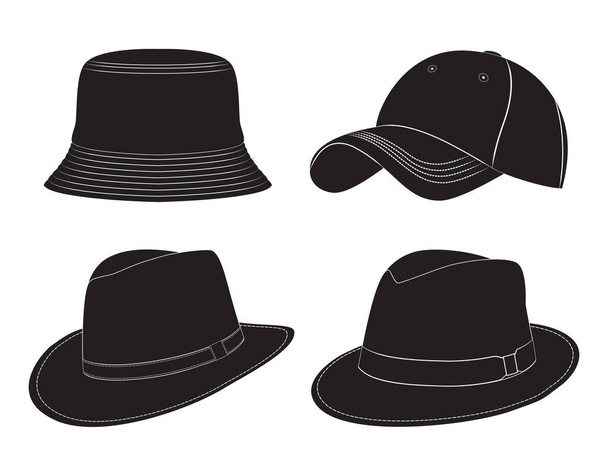 Various types of men's headwear. Silhouette. Hats, baseball cap, headdress. - Vector, Imagen
