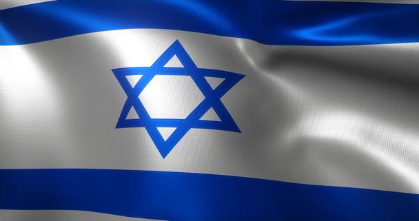 Флаг Израиля с размахиванием складками, вид вблизи, 3D рендеринг - Фото, изображение