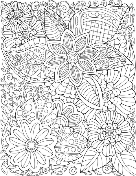 A Beautiful Large Flower Pattern Drawing Growing Slow Surrounded By Delightfully Leaves. Pretty Flowering Plant Line Drawing Ringe Gradually With Big Magnificently Petals. - Vetor, Imagem