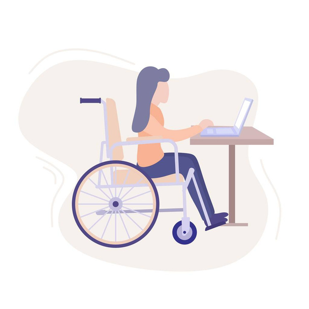 Vammainen tyttö työskentelee kotona kannettavalla tietokoneella. Etätyön käsite. Vammaisten sosiaalinen sopeutuminen - Vektori, kuva