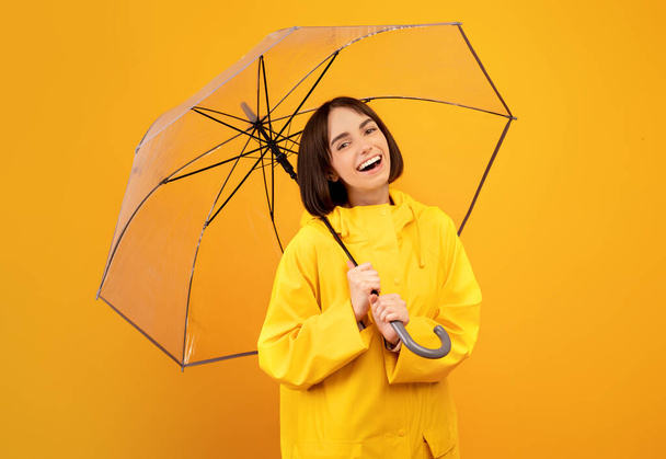 Autumn season concept. Portrait of happy lady standing under umbrella and smiling at camera over yellow background - Photo, image