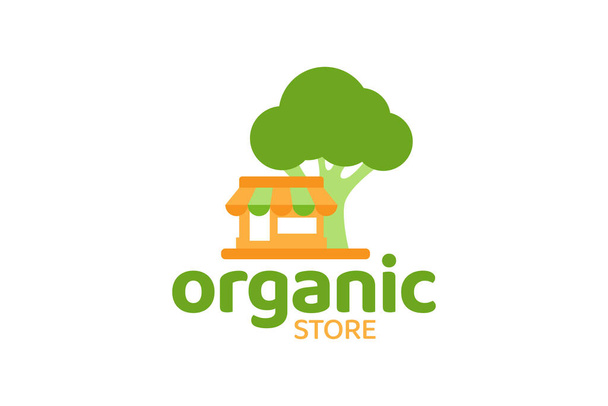 Biologische winkel logo vector grafische met een winkel en broccoli voor elk bedrijf in het bijzonder voor de detailhandel, biologische winkel, groothandel, kruidenierswaren, biologische winkel, cafe, enz. - Vector, afbeelding