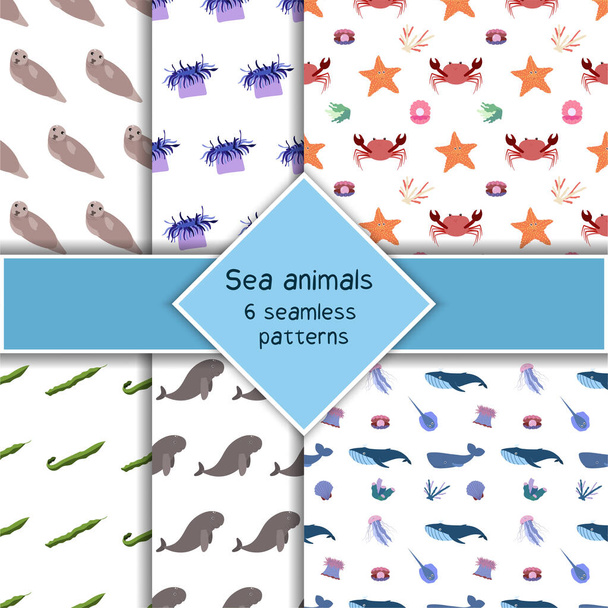 Set met zes zeedieren naadloos patroon met zeehond, dugon, walvis en stringray, krab zeester. Onderzeese wereld bewoners print. - Vector, afbeelding