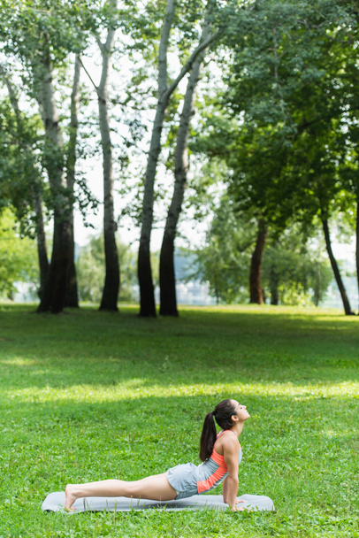 zijaanzicht van fit vrouw met gesloten ogen stretching op yoga mat in park - Foto, afbeelding