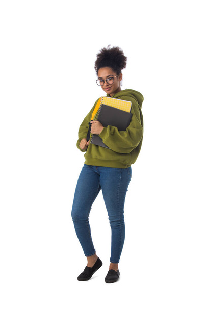 Full length portrait of pretty smiling african american girl university student isolated on white background - Zdjęcie, obraz