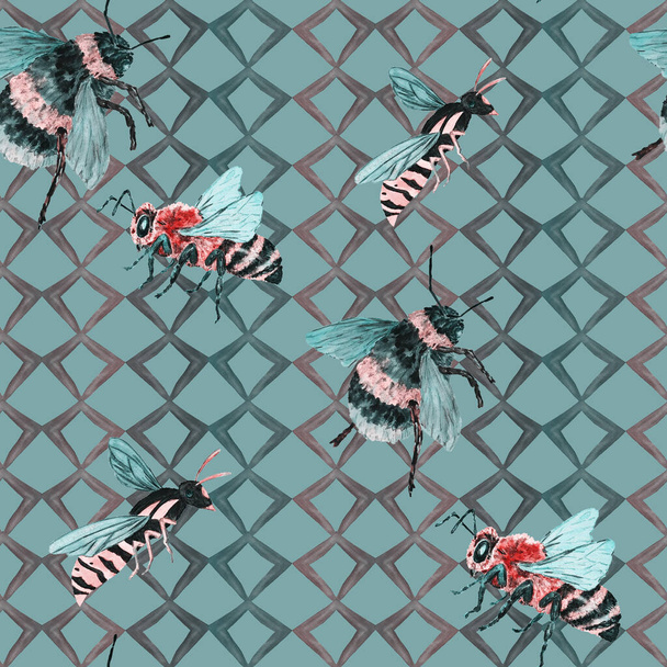 Watercolor seamless pattern with colorful hand drawn bumblebees. Colorful animal print for any design. - Foto, imagen