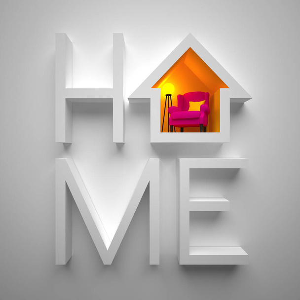 Le mot HOME, où la lettre O est faite sous la forme d'une maison confortable avec un intérieur abstrait dans des couleurs chaudes, sur un fond blanc. Illustration de rendu 3D. - Photo, image