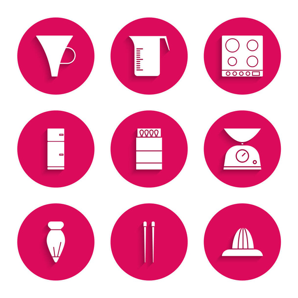 Set Open matchbox and matches, Food chopsticks, Citrus fruit juicer, Scales, Pastry bag for decorate cakes, Refrigerator, Gas stove and Funnel filter icon. Vector - Vector, Image