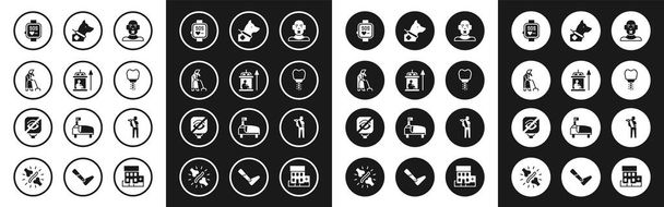 Set Head of deaf and dumb, Elevator for disabled, Grandmother, Smart watch, Dental implant, Guide dog, Human broken arm and Blindness icon. Vector - Wektor, obraz