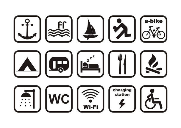 κάμπινγκ, τουριστικό θέρετρο, set icon, μεμονωμένα διανυσματικά σύμβολα, μαύρη σιλουέτα σε λευκό φόντο - Διάνυσμα, εικόνα