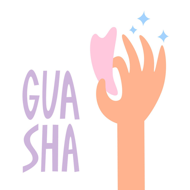 Gua sha piedra de cuarzo rosa para masaje facial. Guasha concepto de tratamiento de acupuntura. - Vector, Imagen